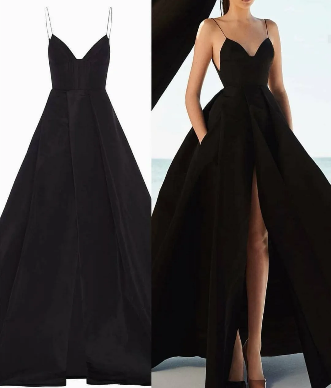 Thin Straps Long Black Prom Gown with Pockets