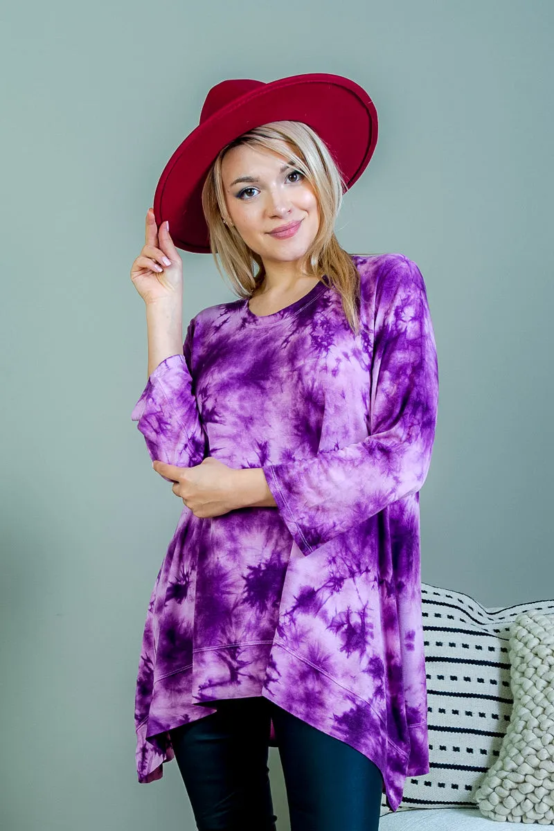 Tie Dye Relaxed Fit Long Sleeve Scoop Neck T-Shirt Top with Asymmetrical Hem (FK172238)