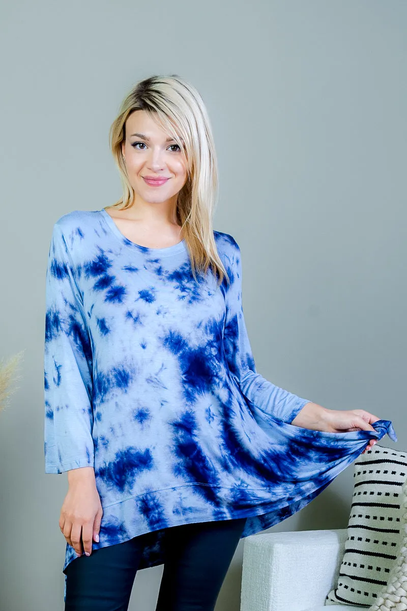 Tie Dye Relaxed Fit Long Sleeve Scoop Neck T-Shirt Top with Asymmetrical Hem (FK172238)