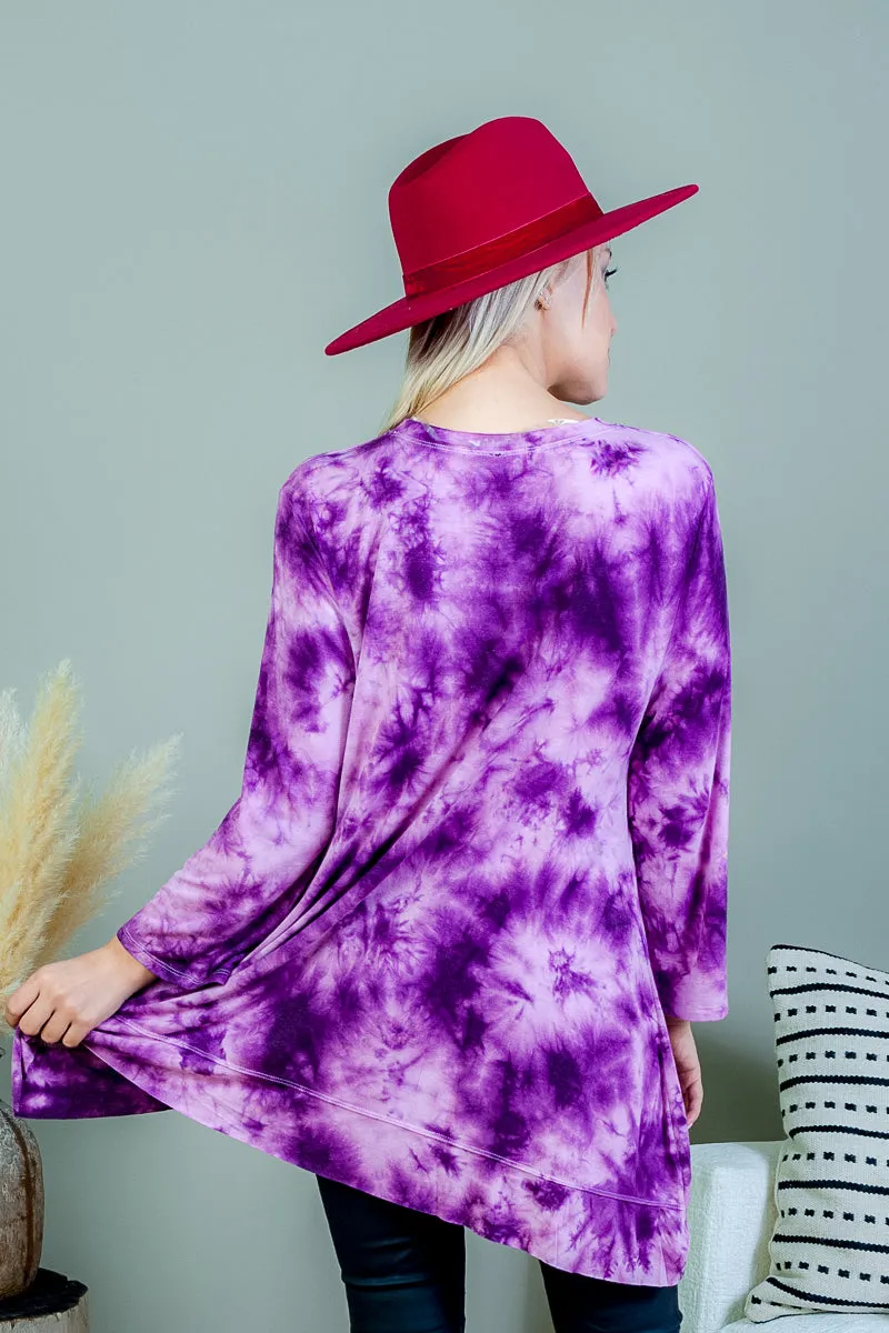 Tie Dye Relaxed Fit Long Sleeve Scoop Neck T-Shirt Top with Asymmetrical Hem (FK172238)