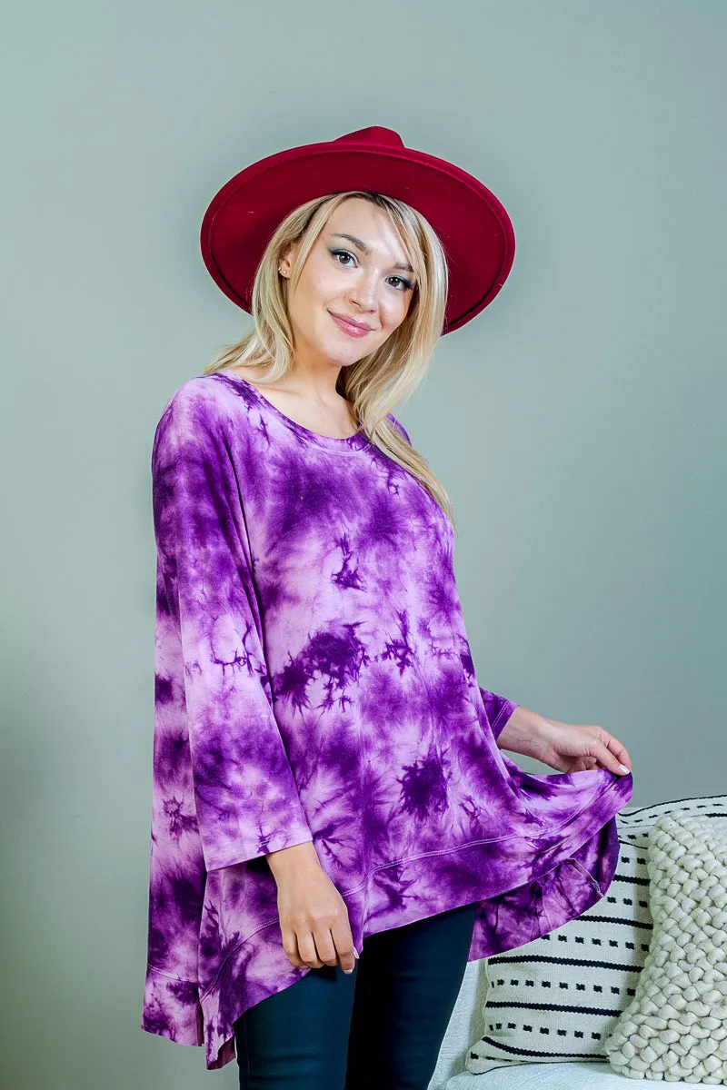 Tie Dye Relaxed Fit Long Sleeve Scoop Neck T-Shirt Top with Asymmetrical Hem (FK172238)
