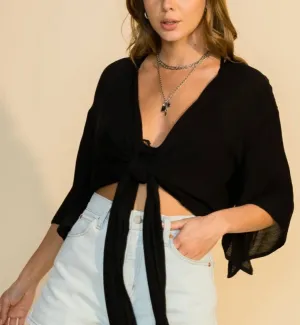 Tie Front Drop Shoulder Quarter Sleeve Crop Top