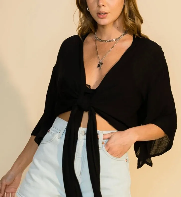 Tie Front Drop Shoulder Quarter Sleeve Crop Top