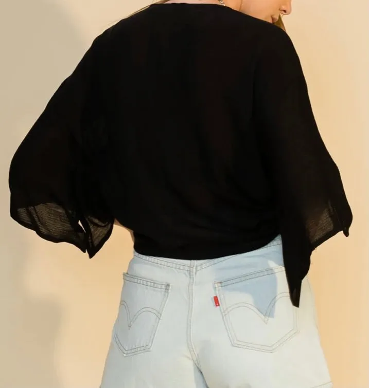 Tie Front Drop Shoulder Quarter Sleeve Crop Top