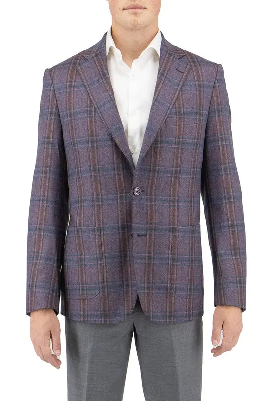 Tiglio Luxe Eggplant with Navy and Red Windowpane Dolcetto/THP Modern Fit Half Lined, Pure Wool Jacket TL3325