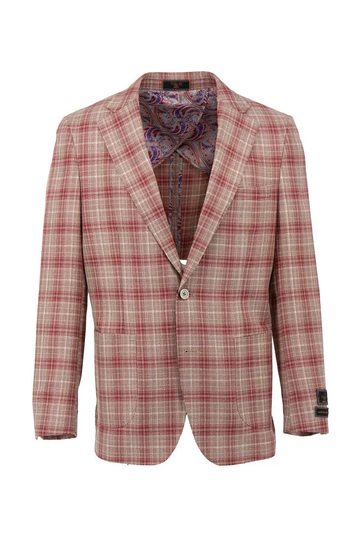 Tiglio Luxe Red and Tan Windowpane Dolcetto/THP Modern Fit half lined, Pure Wool Jacket TL4257