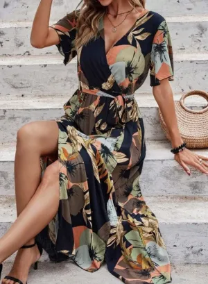 Tropical Floral Print Split Thigh Belted Maxi Dress