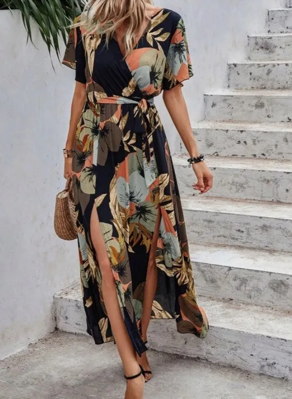Tropical Floral Print Split Thigh Belted Maxi Dress