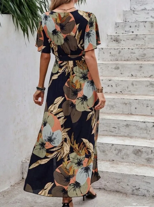 Tropical Floral Print Split Thigh Belted Maxi Dress