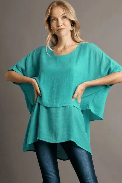 Turquoise Cuffed Half Sleeve Layered Top
