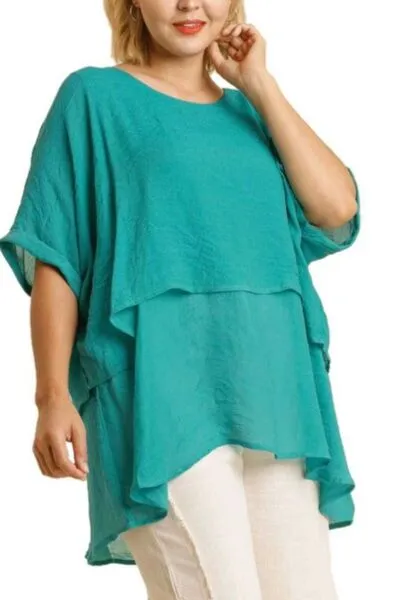 Turquoise Cuffed Half Sleeve Layered Top