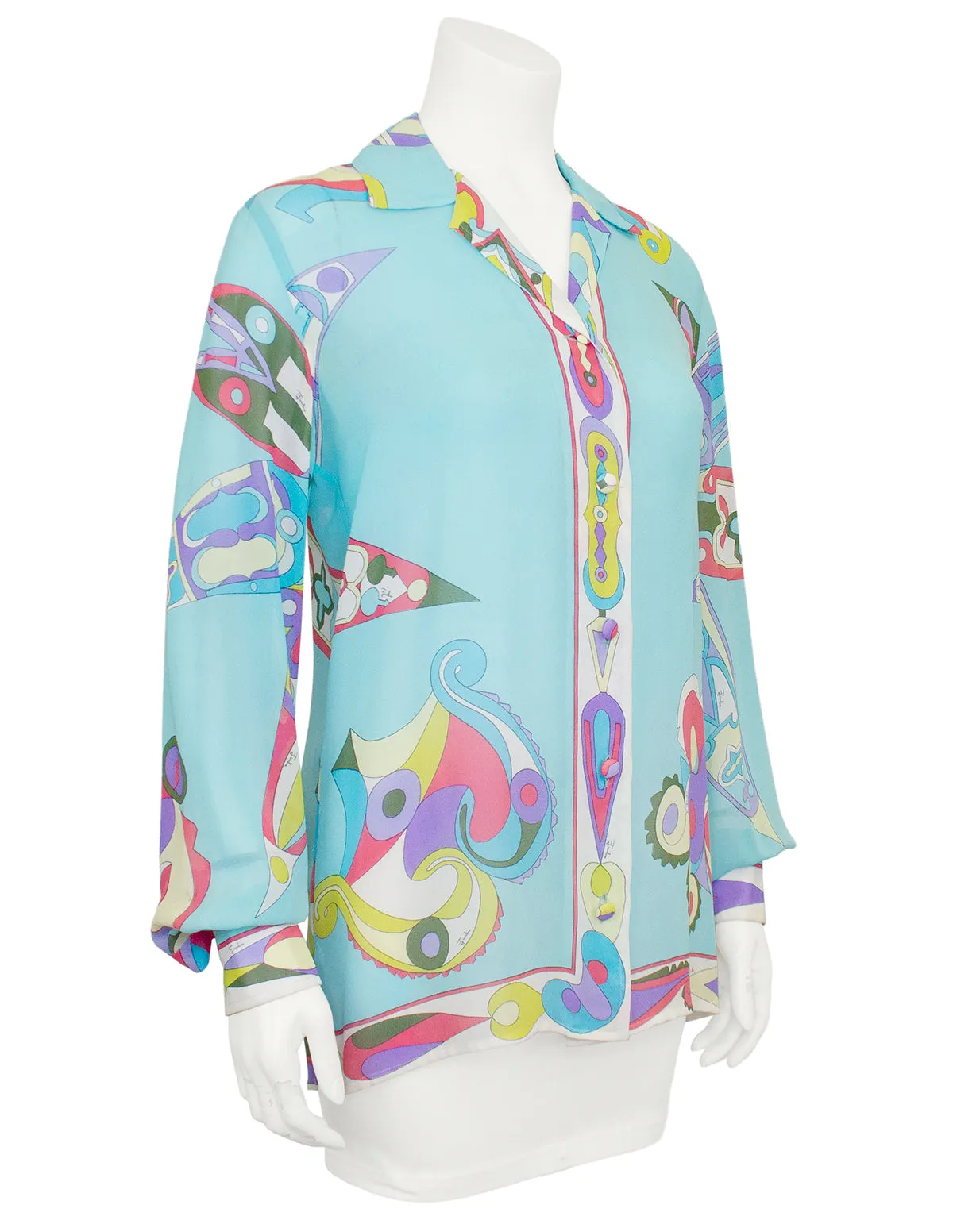 Turquoise Silk Chiffon Printed Shirt