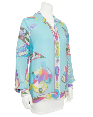 Turquoise Silk Chiffon Printed Shirt