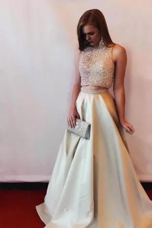 Two-piece Beaded Sleeveless Satin Long Prom Dress Evening Dress PG394