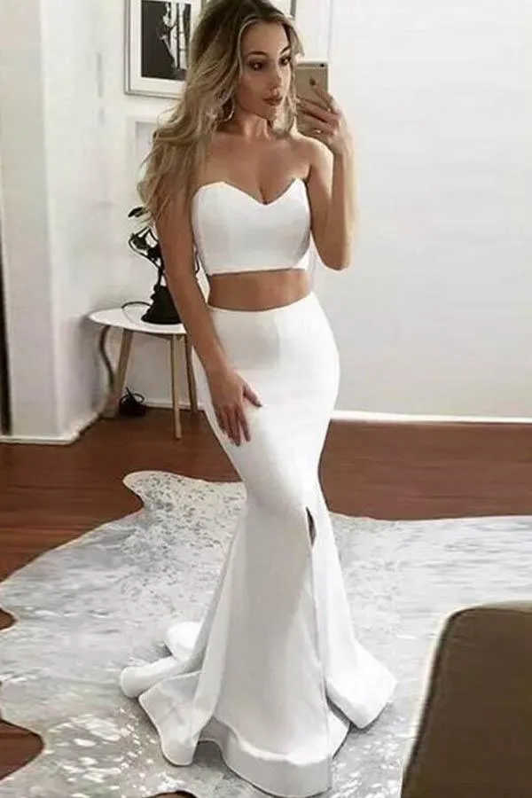 Two Piece Mermaid Sweetheart Sweep Train Ivory Prom Dress with Split PG428