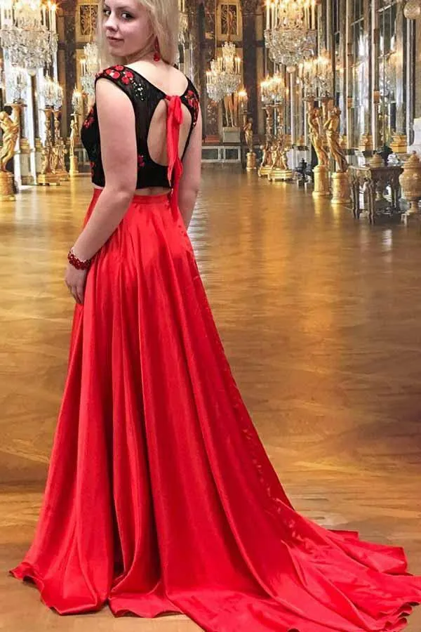 Two Piece Round Neck Red Satin Prom Dress with Lace Appliques PG590