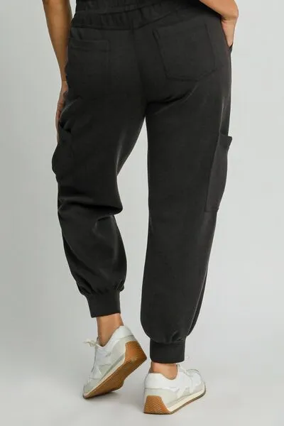 Umgee Full Size Mineral Washed Elastic Waist Cargo Pants Plus Size