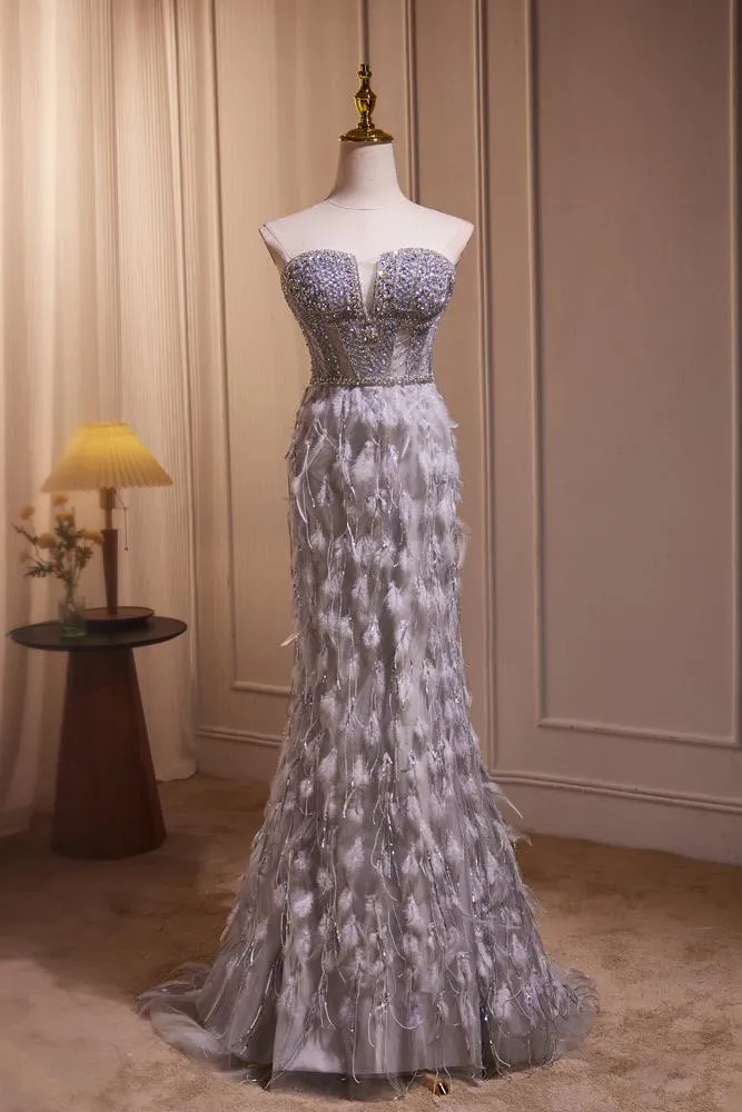 Unique Prom Dress Sweetheart Neck Mermaid Gray Long with BeadedEvening Dress