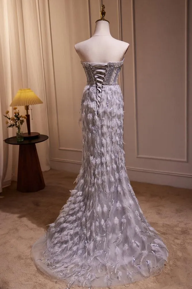 Unique Prom Dress Sweetheart Neck Mermaid Gray Long with BeadedEvening Dress