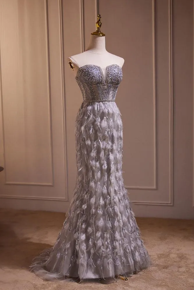 Unique Prom Dress Sweetheart Neck Mermaid Gray Long with BeadedEvening Dress
