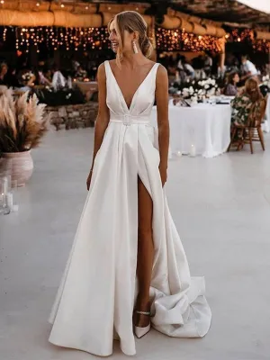 V Neck and V Back White Satin Long Prom with High Slit, Open Back White Wedding, White Formal Evening