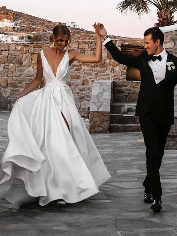 V Neck and V Back White Satin Long Prom with High Slit, Open Back White Wedding, White Formal Evening