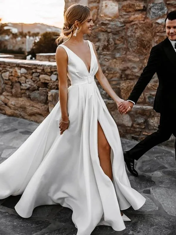 V Neck and V Back White Satin Long Prom with High Slit, Open Back White Wedding, White Formal Evening