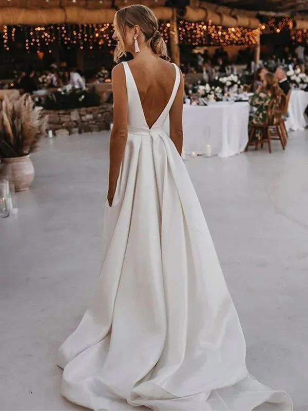 V Neck and V Back White Satin Long Prom with High Slit, Open Back White Wedding, White Formal Evening