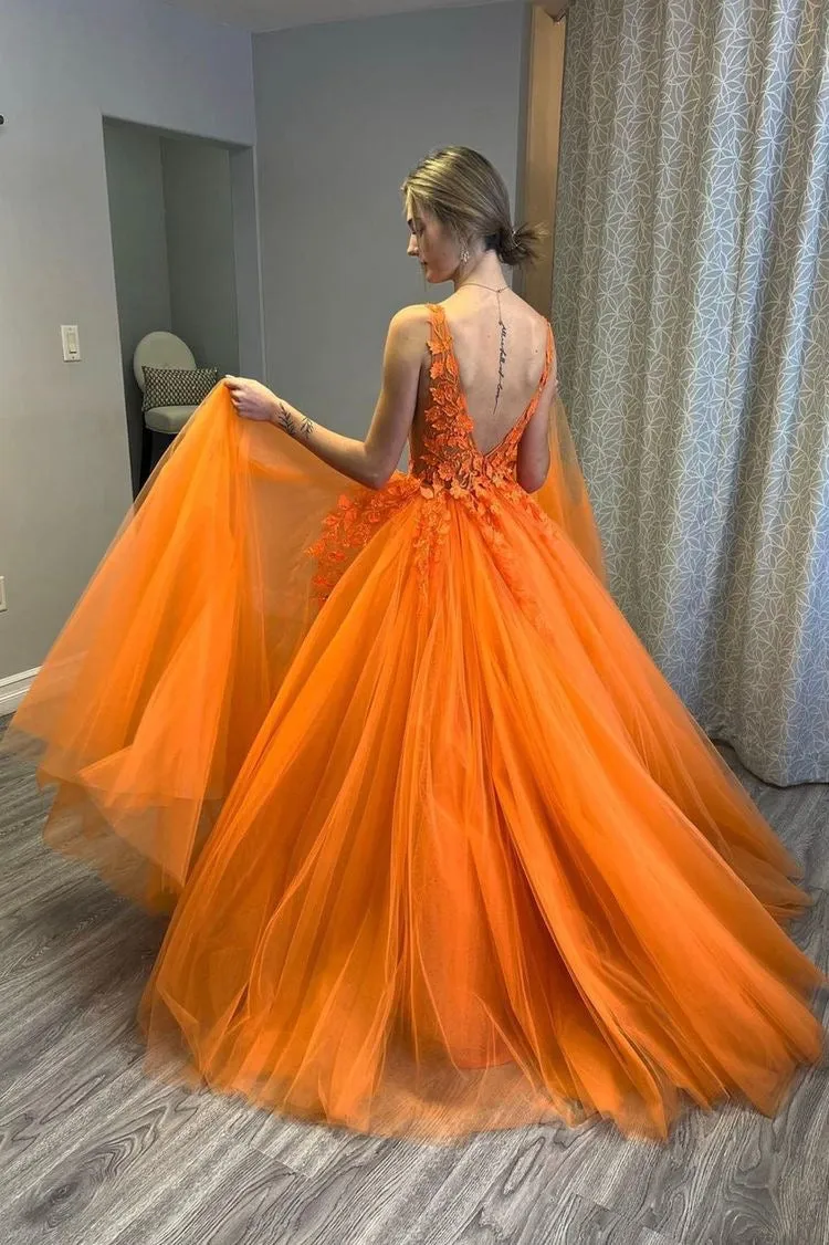 V-neckline Orange Prom Gowns with Floral Appliques Bodice