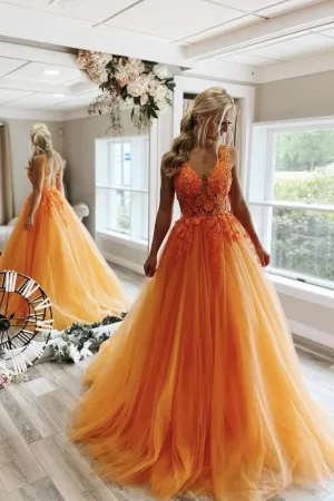 V-neckline Orange Prom Gowns with Floral Appliques Bodice