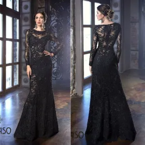 vestidos de fiesta black evening dresses long sleeve mermaid modest lace applique elegant evening gown