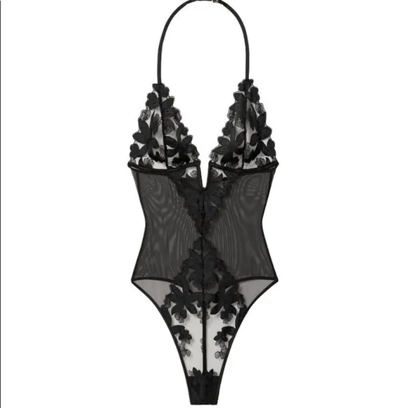 VICTORIA’S SECRET Embroidered V-Wire Teddy XS Black Floral Halter Bodysuit New