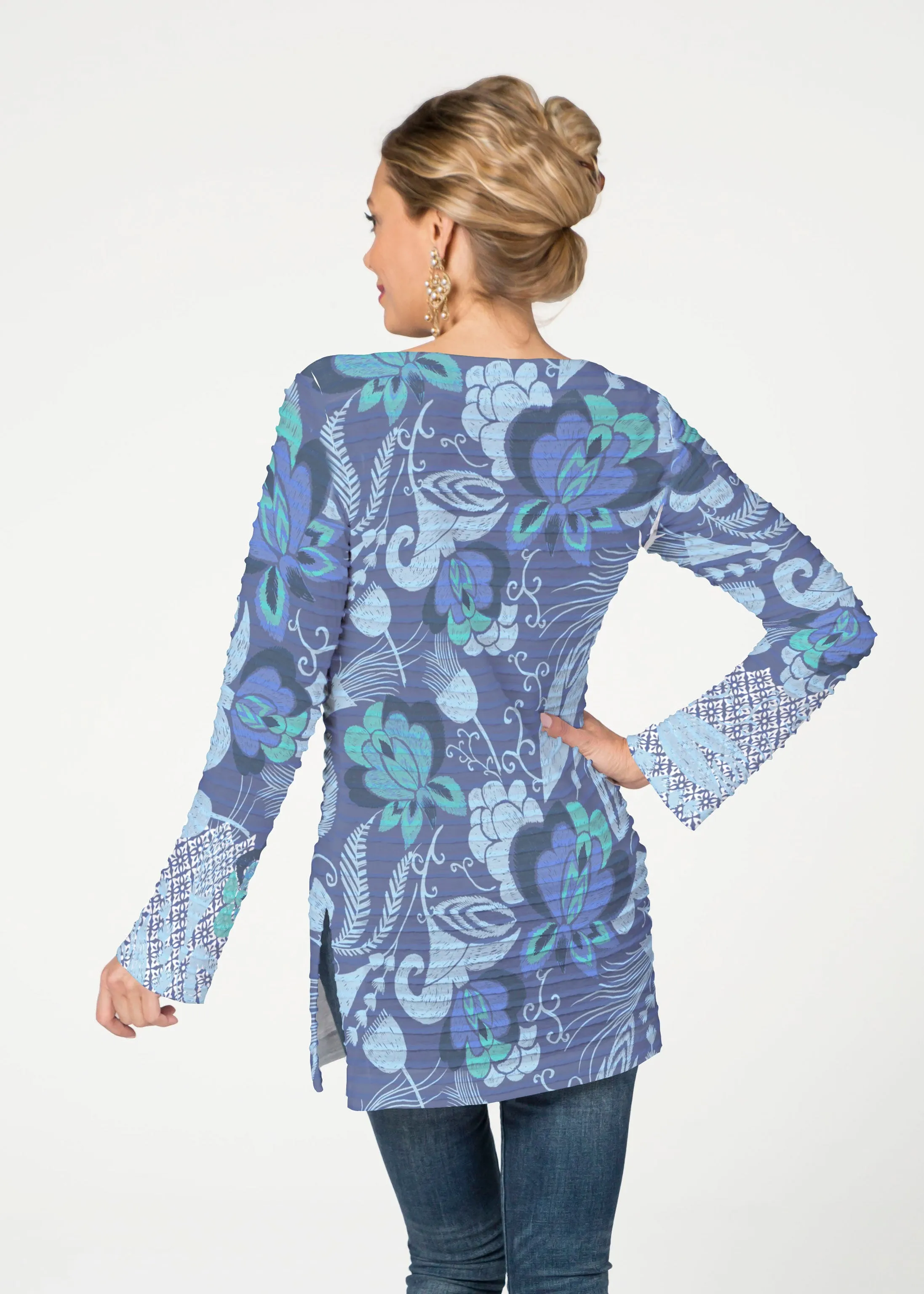 Vintage Blooms Blue (8060) ~ Banded Boatneck Tunic