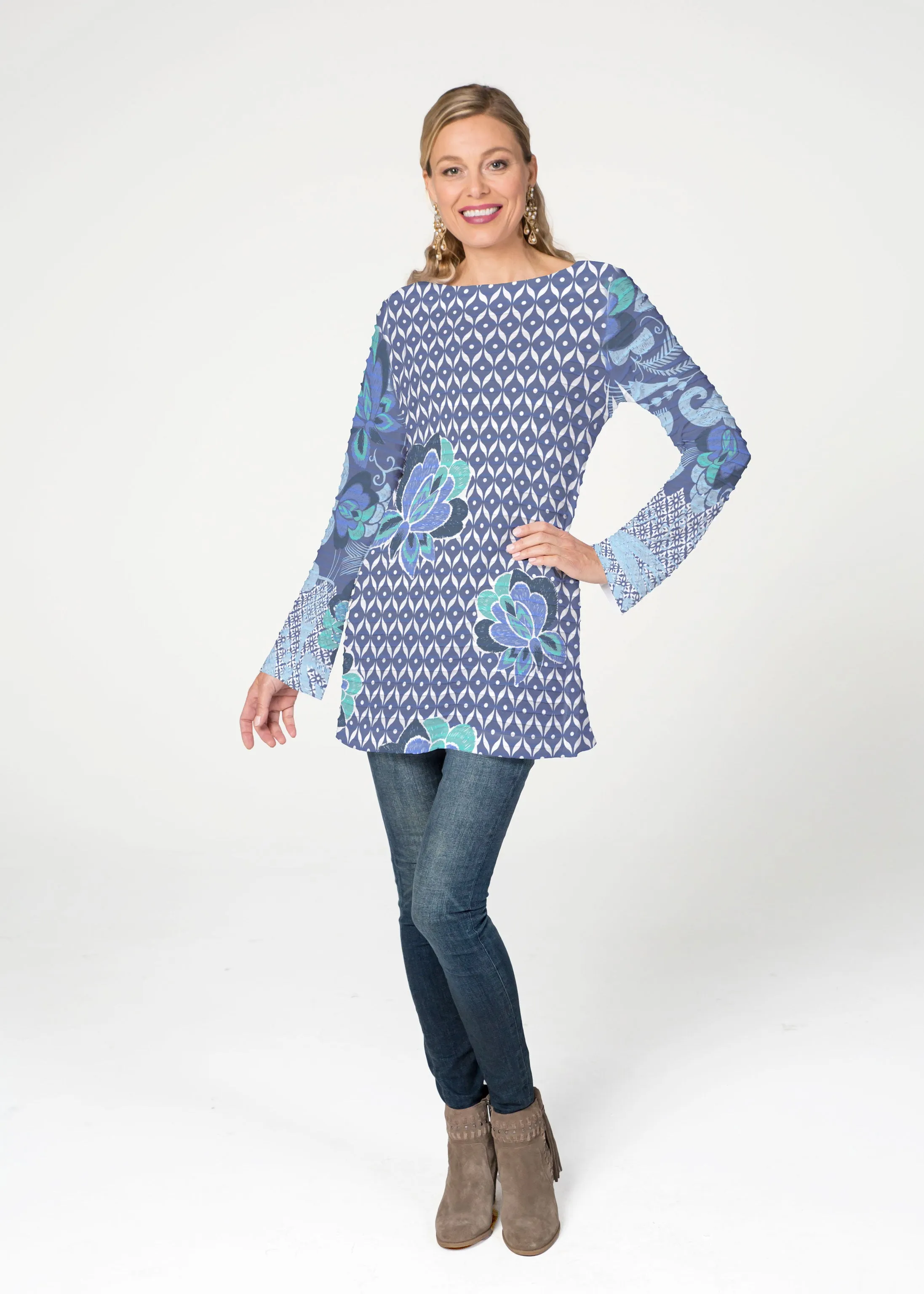 Vintage Blooms Blue (8060) ~ Banded Boatneck Tunic