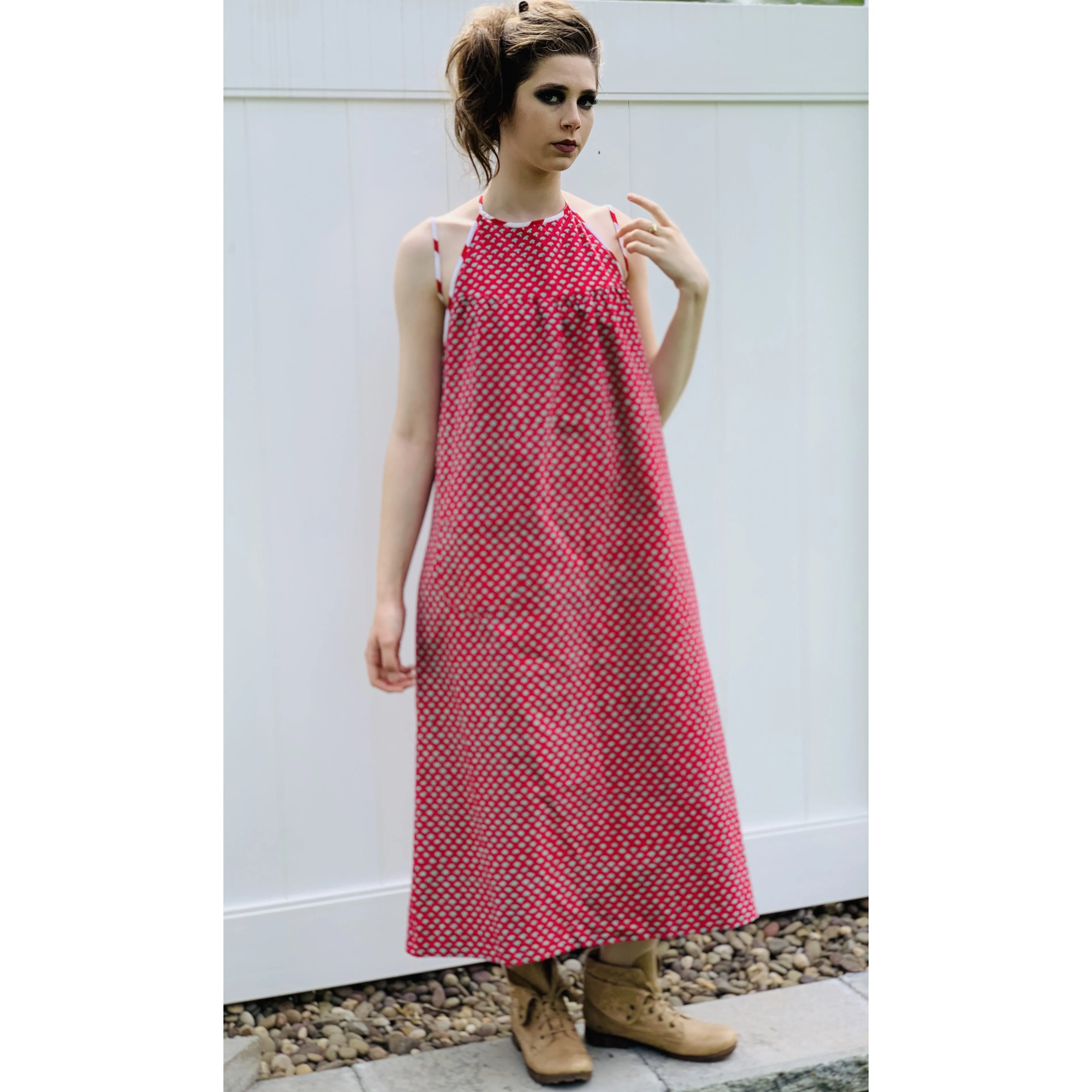 Vintage Marimekko Dress 1968 RARE S/M Halter Style Red Green Mini Print