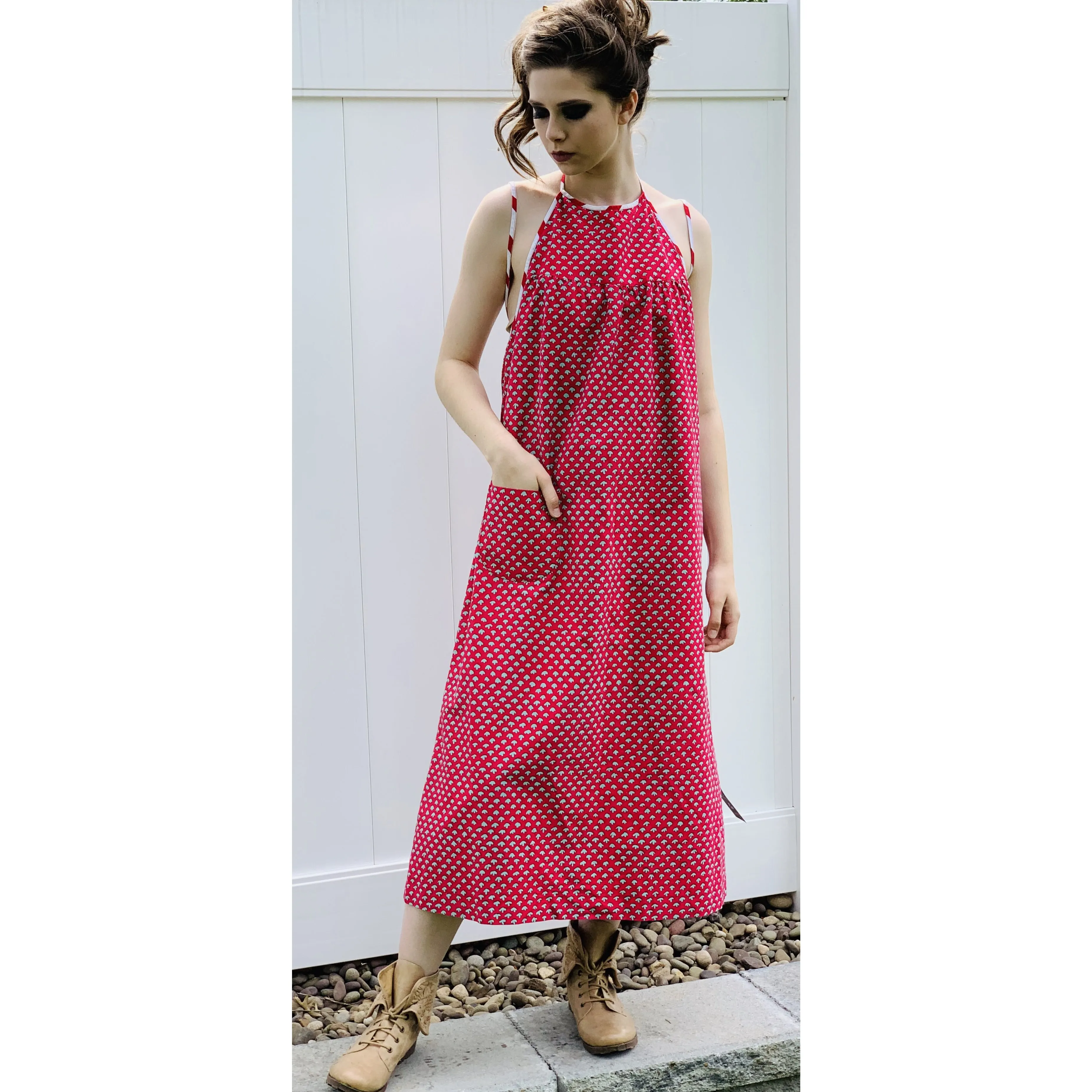 Vintage Marimekko Dress 1968 RARE S/M Halter Style Red Green Mini Print