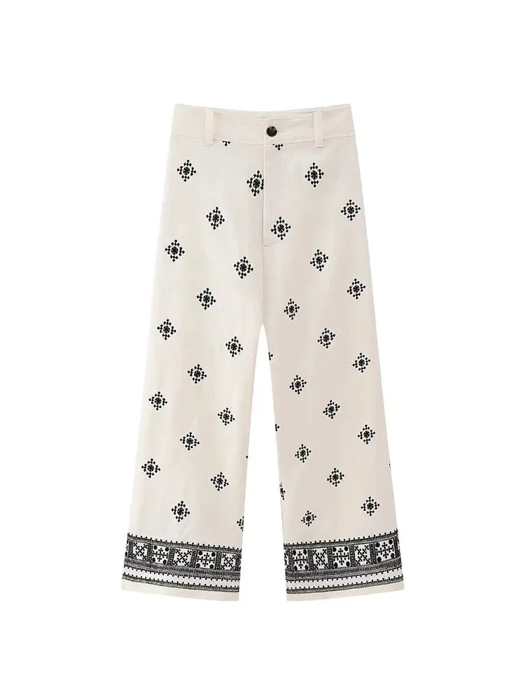 Vintage Women Loose Boho Linen Pants Summer Fashion Ladies Vocation Soft Embroidery Trousers Female Casual Bottoms Chic