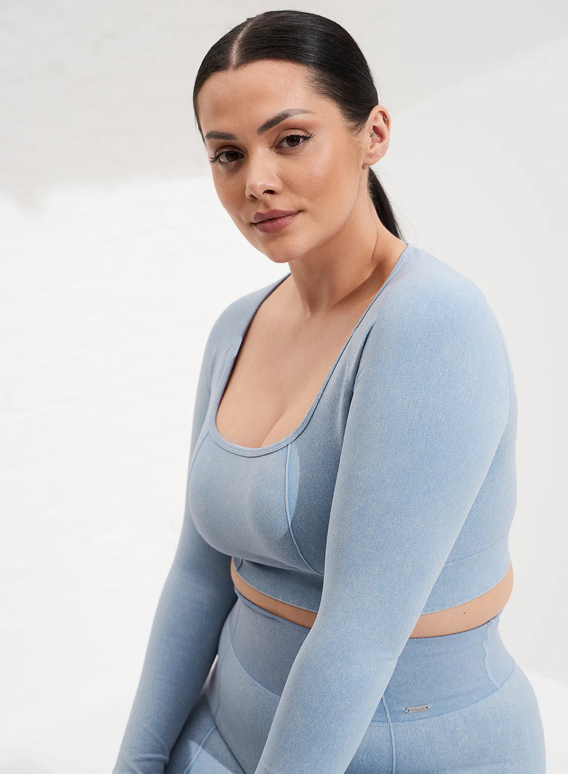 Washed Light Denim Seamless Crop Long Sleeve