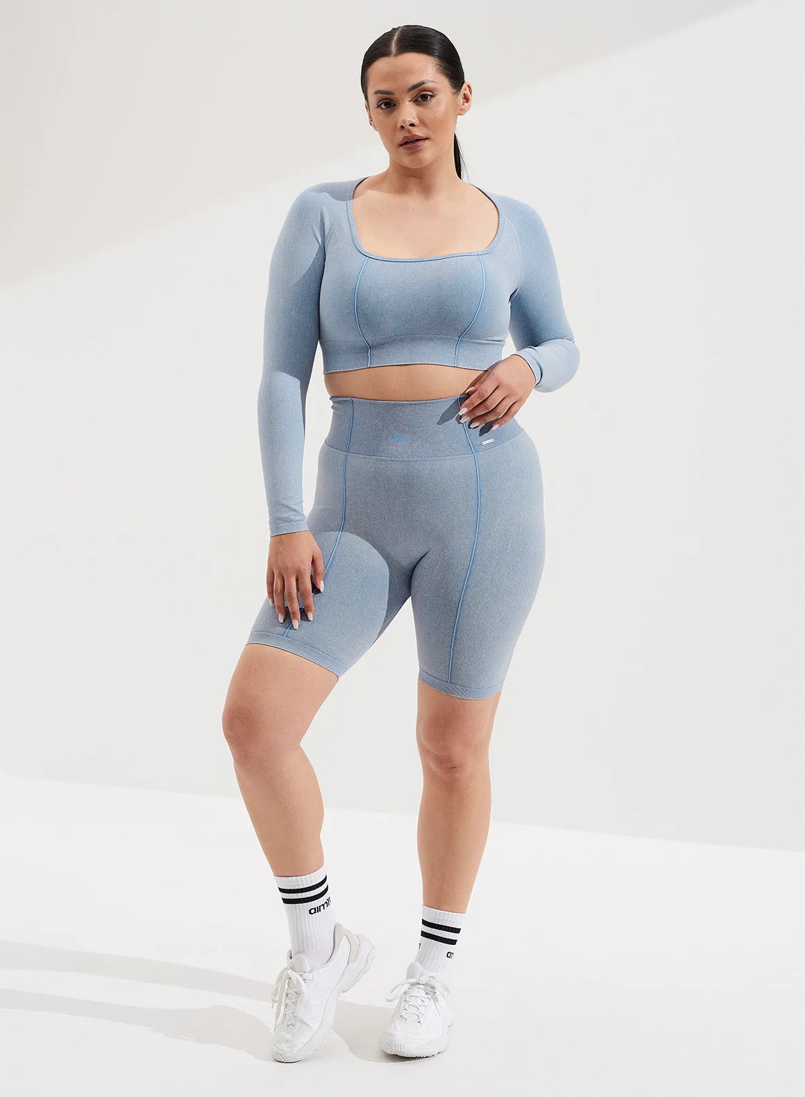 Washed Light Denim Seamless Crop Long Sleeve