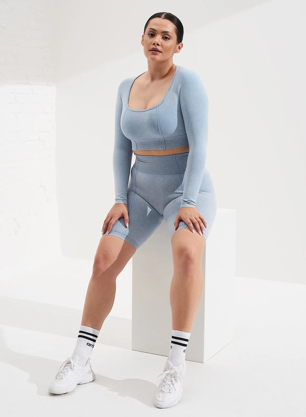 Washed Light Denim Seamless Crop Long Sleeve