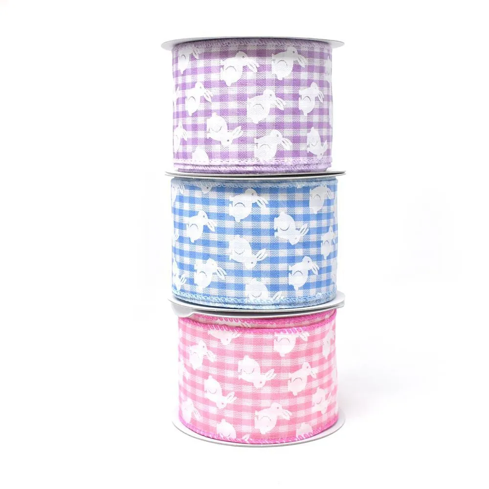 White Easter Bunny Printed Gingham Wired Ribbon, 2-1/2-Inch, 10-Yard