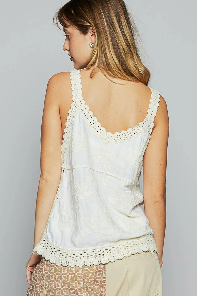 White V-neck sleeveless embroidered floral POL top