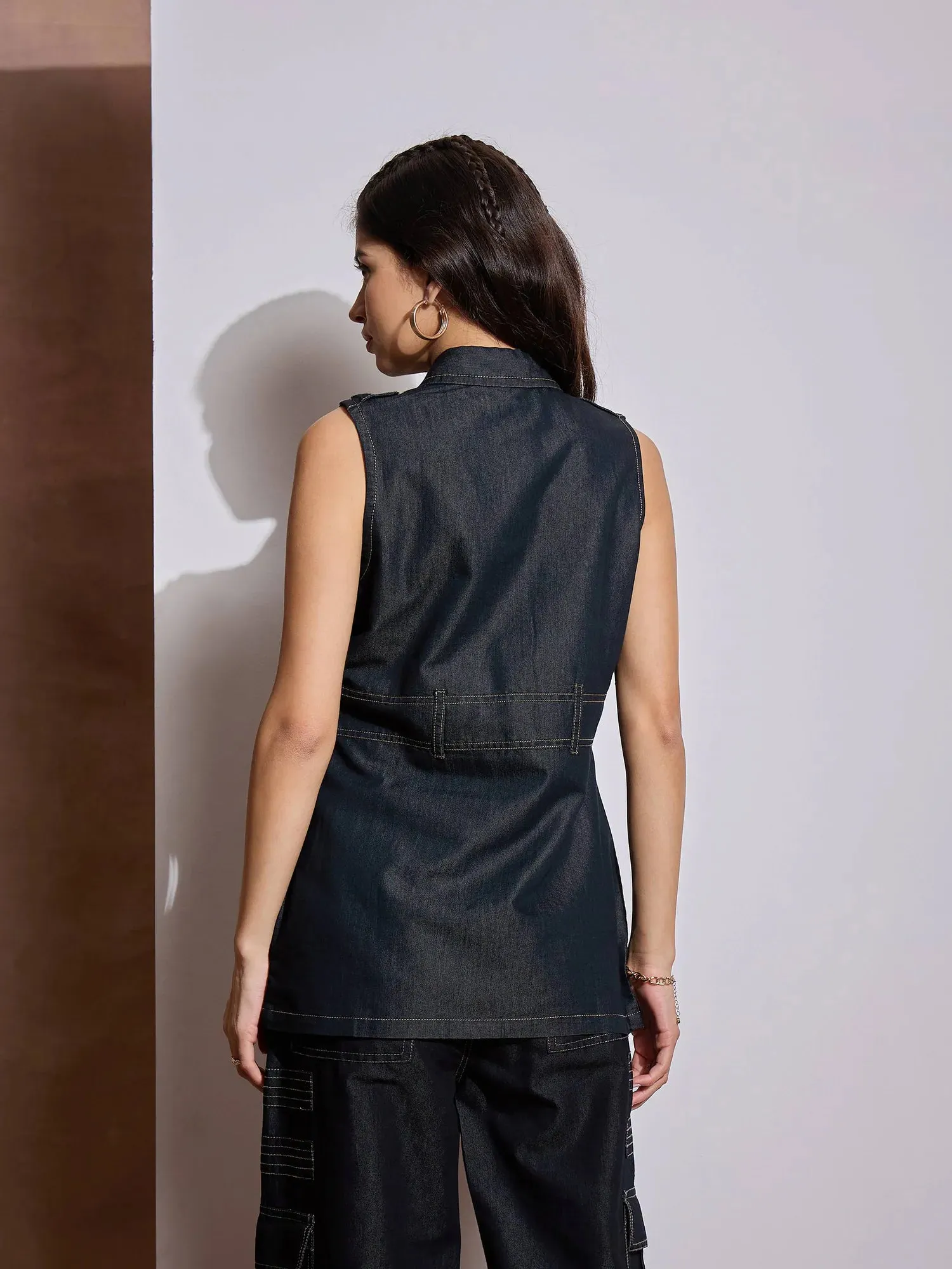 Women Black Multi Pocket Top With Cargo Pants-SFTOP42106_SFPANT50972