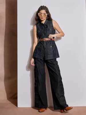 Women Black Multi Pocket Top With Cargo Pants-SFTOP42106_SFPANT50972