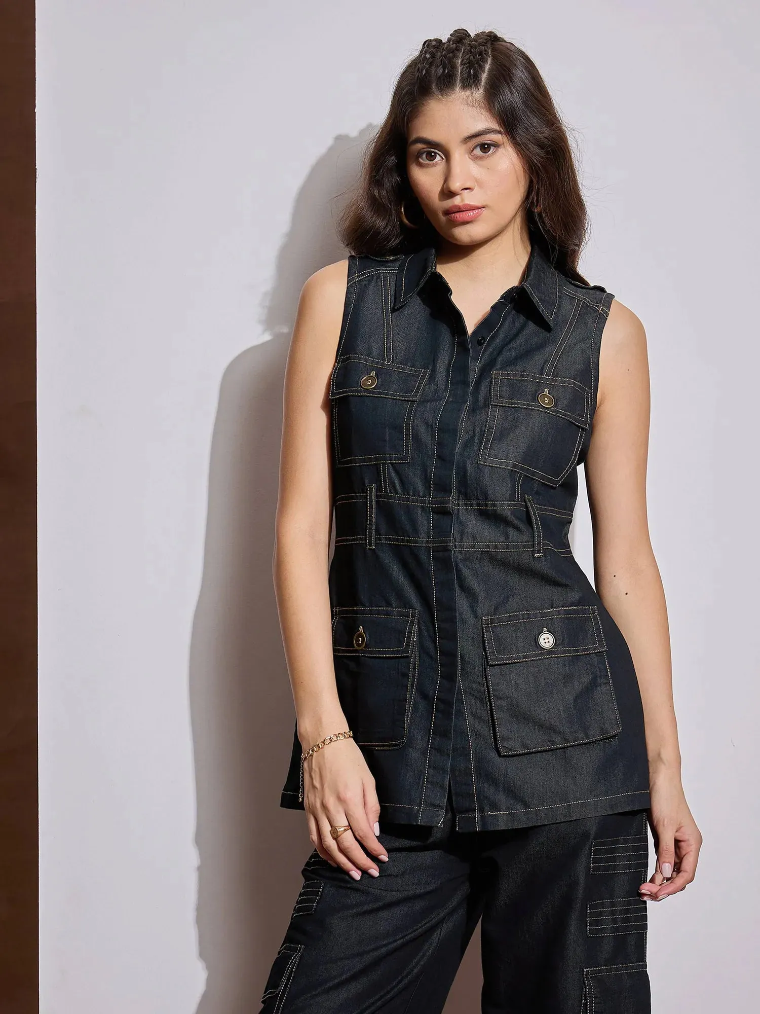 Women Black Multi Pocket Top With Cargo Pants-SFTOP42106_SFPANT50972
