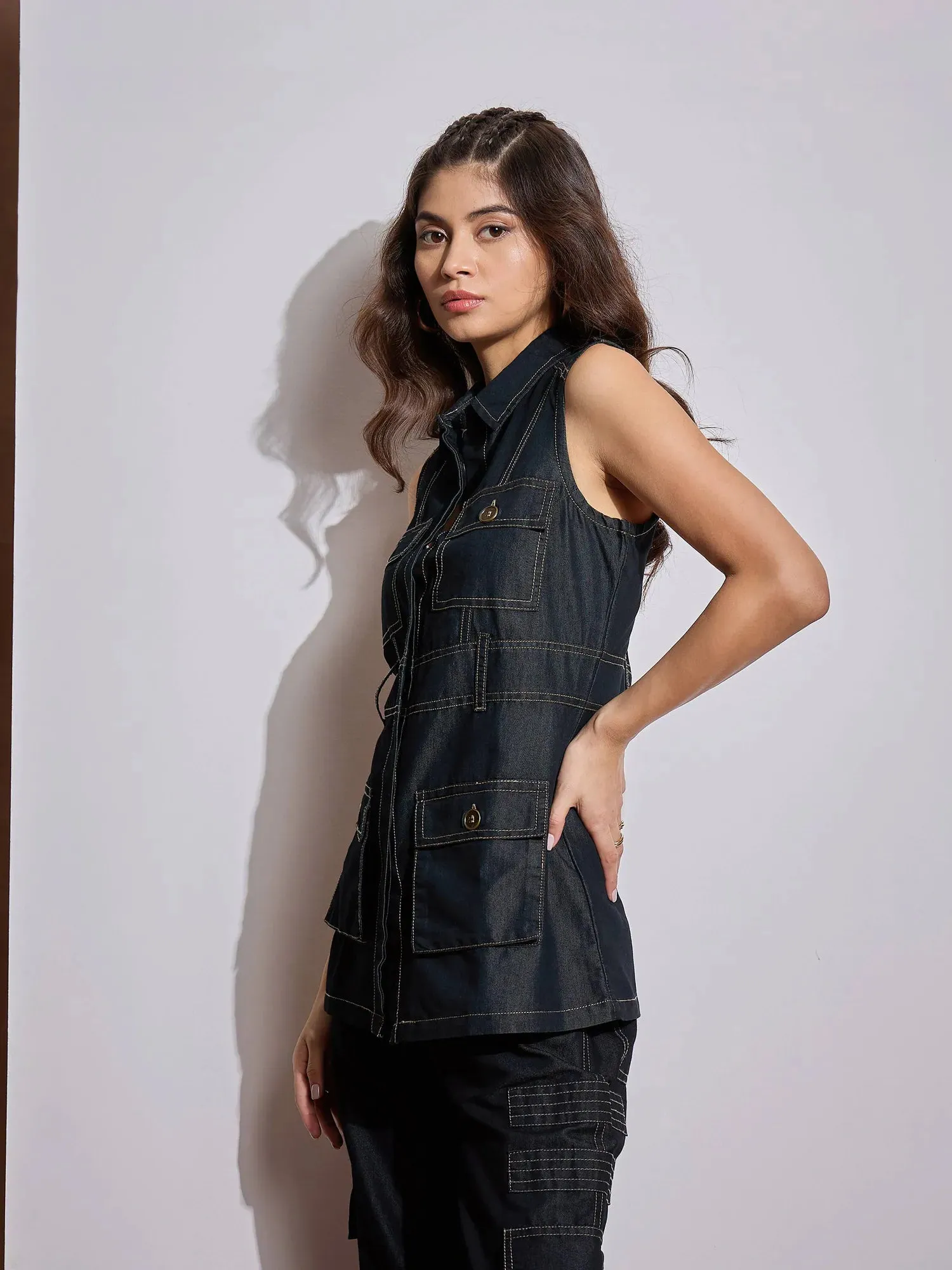 Women Black Multi Pocket Top With Cargo Pants-SFTOP42106_SFPANT50972