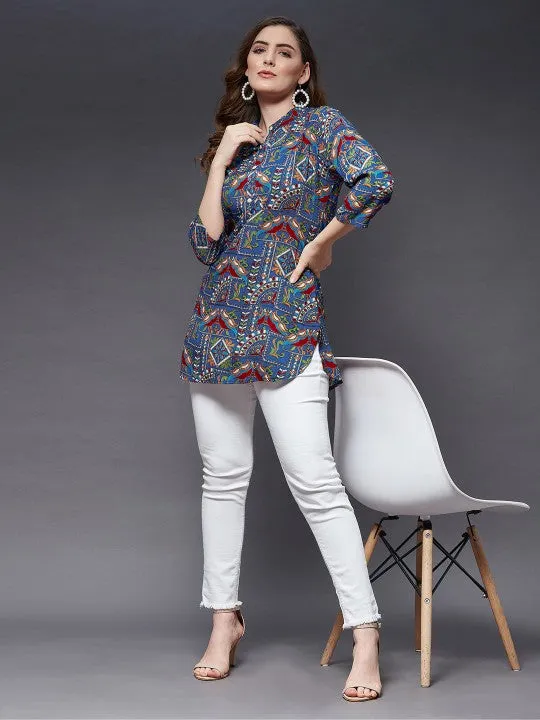 Women Blue & Maroon Viscose Rayon Mandarin Collar Printed Tunic