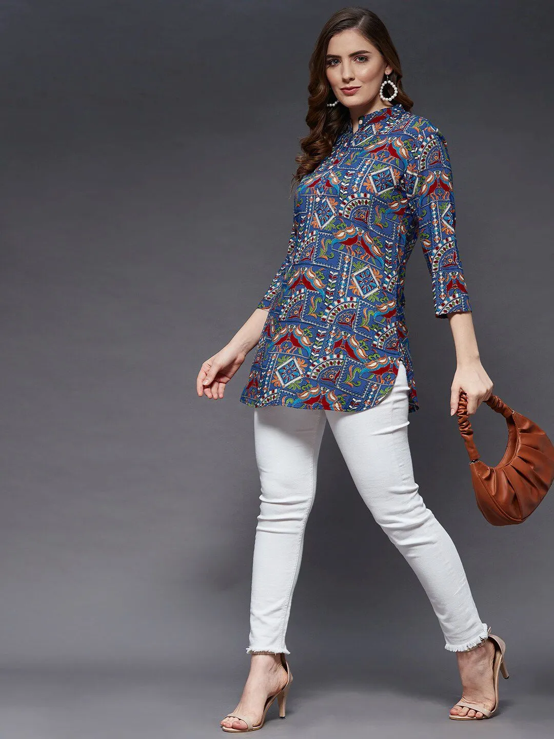 Women Blue & Maroon Viscose Rayon Mandarin Collar Printed Tunic
