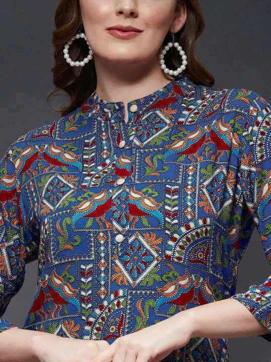Women Blue & Maroon Viscose Rayon Mandarin Collar Printed Tunic
