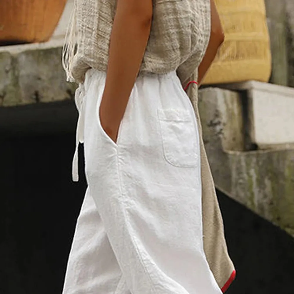 Women Simple Casual Trousers Cotton Linen Solid Color Pockets Drawstring Trousers Summer Thin Ladies Elastic Waist Chino Pants